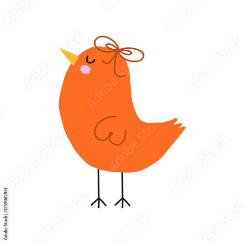 Bird simple illustration. Cute vector red Bird with bow. Spring Baby Birdie. Hand Drawn Illustration on a white background