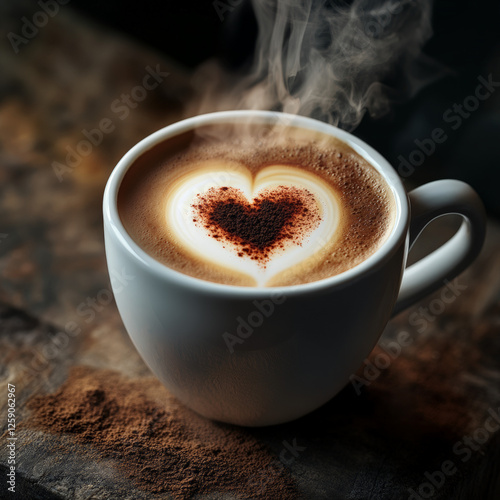 a very delicious looking cup of cappacino with steaming hot smoke and a heart of cream in the coffee ultrarealistic photoshhot for a food magazine photo