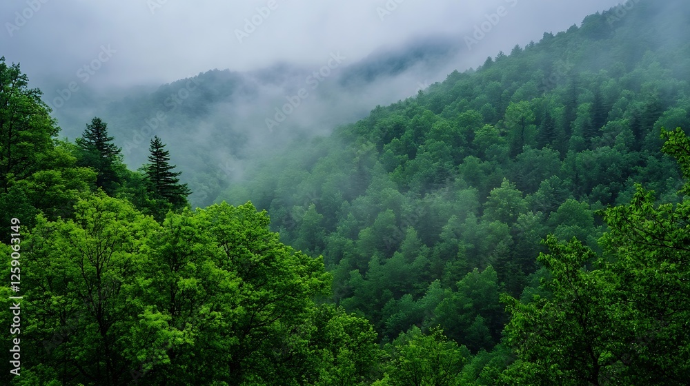 Lush green forest shrouded in mist and fog representing tranquil wilderness and nature : Generative AI Lush green forest shrouded in mist and fog representing tranquil wilderness and nature : Generative AI