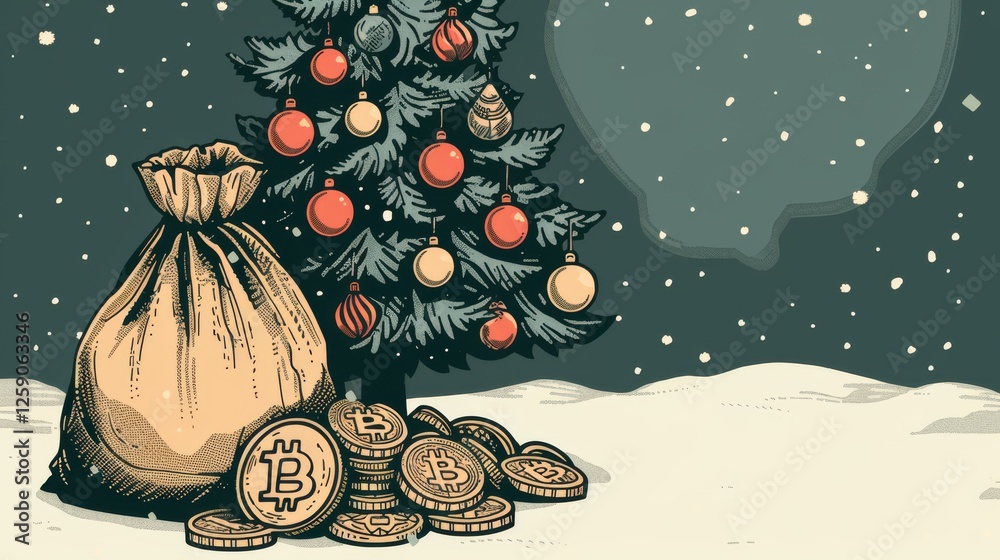 A festive winter-themed illustration of a sack filled with Bitcoin coins placed under a decorated Christmas tree with snowfall in the background. AI generated.