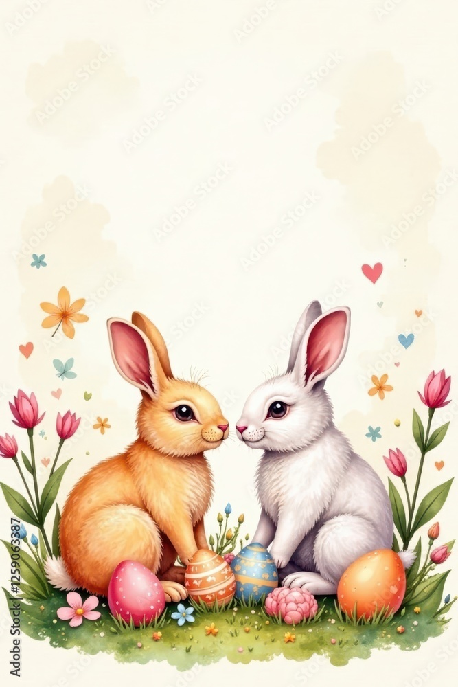 Obraz premium Pastel watercolor rabbits & eggs nestled amongst abstract spring shapes , festive, delicate