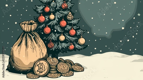 Obraz na płótnie A festive winter-themed illustration of a sack filled with Bitcoin coins placed under a decorated Christmas tree with snowfall in the background. AI generated. w salonie
