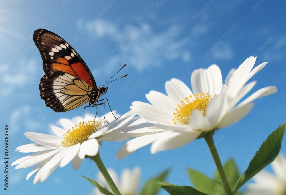 A butterfly resting on a single white flower petal against a clear blue sky background, nature, bloom, petal A butterfly resting on a single white flower petal against a clear blue sky background, nature, bloom, petal