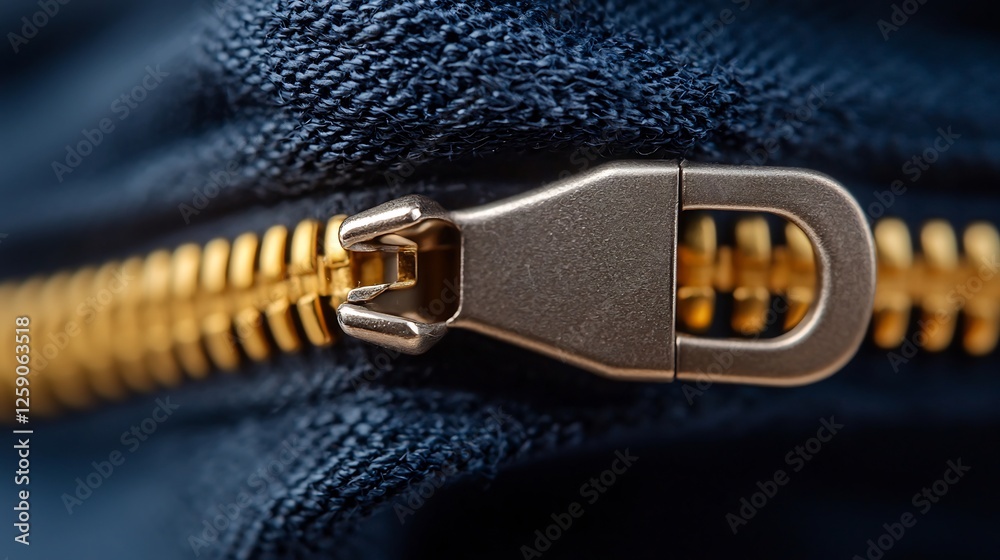 Close Up Of Metallic Zipper Slider Moving Along Golden Track On Blue Fabric