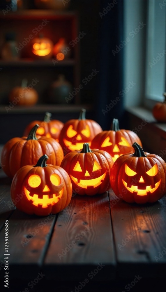 A cluster of carved jack-o-lanterns arranged on a wooden table in the dimly lit background, autumn, table, Halloween A cluster of carved jack-o-lanterns arranged on a wooden table in the dimly lit background, autumn, table, Halloween