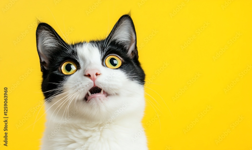 Startled cat portrait on yellow backdrop for humorous, animal-themed design projects Startled cat portrait on yellow backdrop for humorous, animal-themed design projects