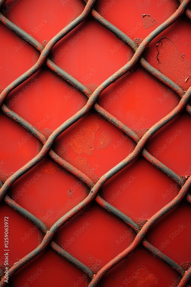 Fototapeta premium Red textured fence with metal grid pattern and weathered rust details in industrial setting