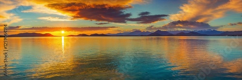 Stunning sunset over a calm lake reflecting brilliant colors in the sky and mountains during twilight hours