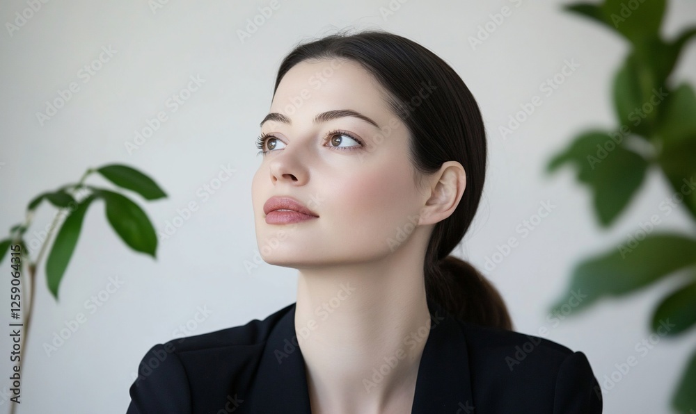 Pensive business woman looking up, in the office, dreaming of future success Pensive business woman looking up, in the office, dreaming of future success