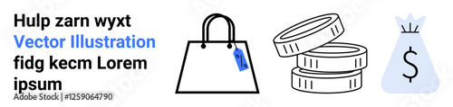 Shopping bag with price tag, stacked coins, and money bag with currency symbol representing retail, economy, finance, currency, online shopping, investment and saving. Ideal for flat landing page