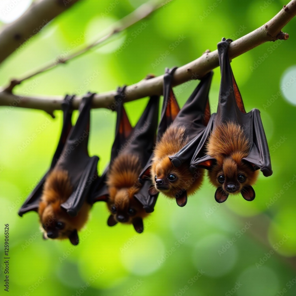 Obraz premium A group of small brown bats hanging upside down from a tree branch, halloween bats, tree branch silhouette, outdoor scene