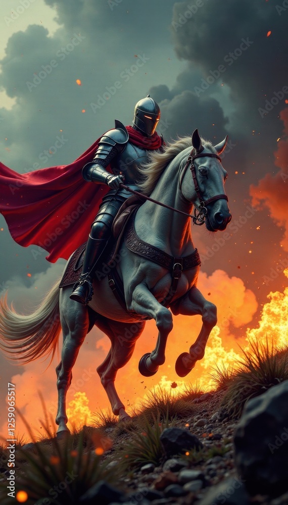 Fototapeta premium A knight on horseback riding towards a dragon breathing flames , dragons, fantasy, knights