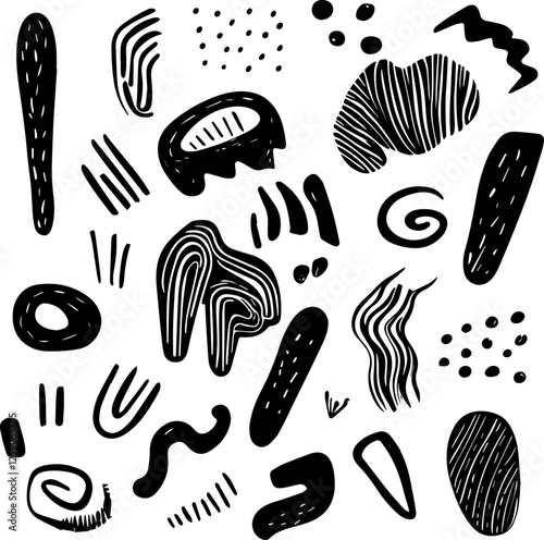 Abstract organic shapes and doodles in black vector on a white background, a set of hand-drawn elements for design with ink lines and textures. Vector illustration. Flat lay style.