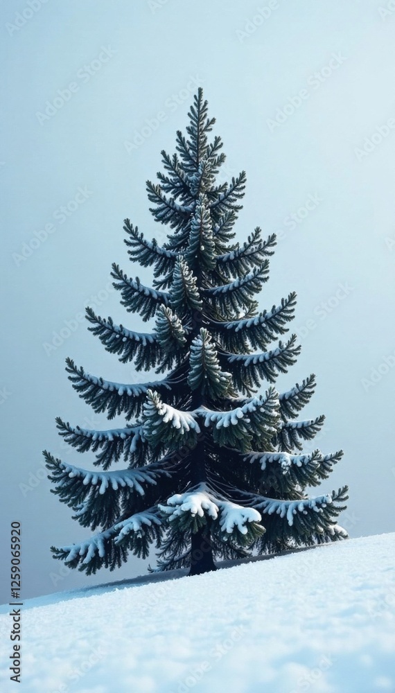 Obraz premium A lone pine tree stands tall amidst a blanket of fresh snow, coniferous forest, snow-covered terrain, evergreen tree