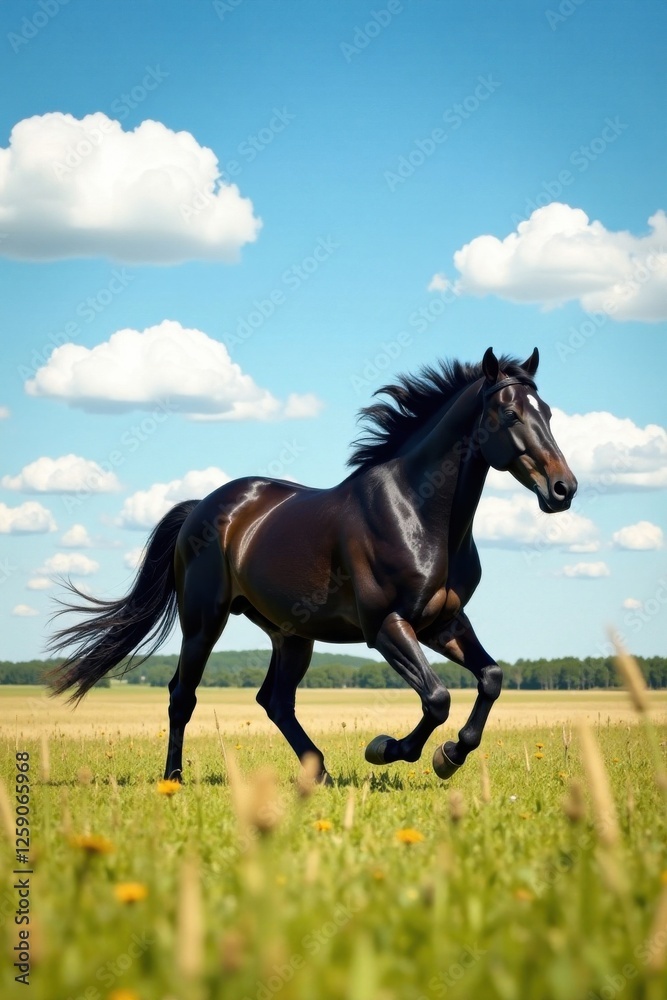 A majestic black horse gallops freely across an open field under a bright blue sky with fluffy white clouds, outdoor, galloping, movement A majestic black horse gallops freely across an open field under a bright blue sky with fluffy white clouds, outdoor, galloping, movement