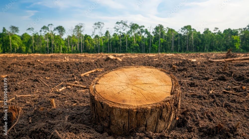 Tree Stump on Deforested Land with Green Forest in Background Tree Stump on Deforested Land with Green Forest in Background