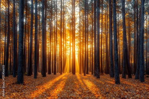 A serene autumn forest scene featuring tall trees bathed in the warm golden light of sunset, with vibrant orange leaves carpeting the ground, creating a tranquil and magical atmosphere.