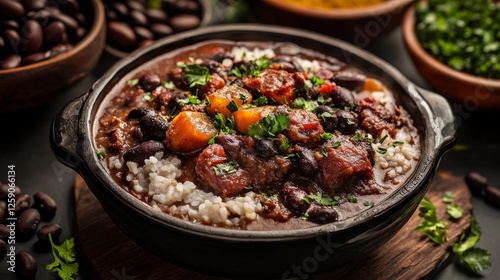 Traditional Brazilian feijoada with rice and black beans. Featuring a hearty and flavorful dish. Highlighting the texture and spices of the feijoada. Ideal for food and cultural themes.