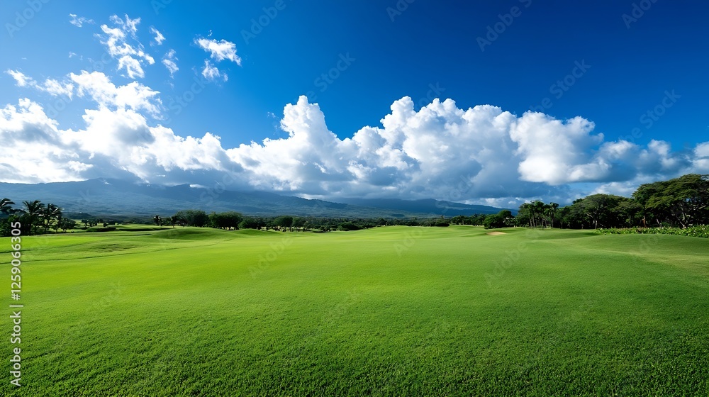 Panoramic View of a Lush Green Golf Course with Blue Skies : Generative AI Panoramic View of a Lush Green Golf Course with Blue Skies : Generative AI
