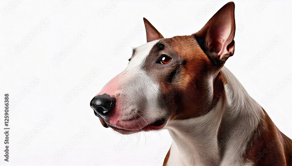 Bull Terrier displaying its distinctive profile against a plain background