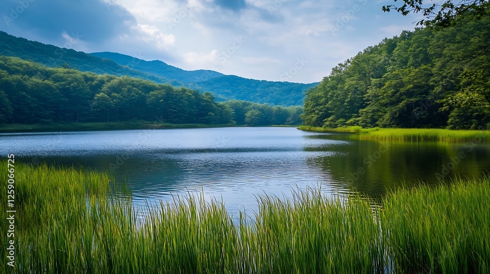 Serene Lake Surrounded by Lush Green Forest and Majestic Mountains Under a Beautiful Sky : Generative AI Serene Lake Surrounded by Lush Green Forest and Majestic Mountains Under a Beautiful Sky : Generative AI