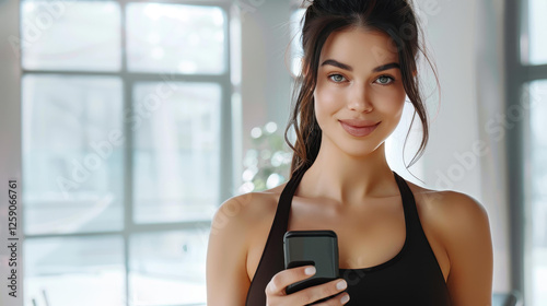 Fit woman in sleek sportswear checks her smartphone postworkout, radiating confidence and energy at the gym. Free Download Fit woman in sleek sportswear checks her smartphone postworkout, radiating confidence and energy at the gym. - GFXLoad