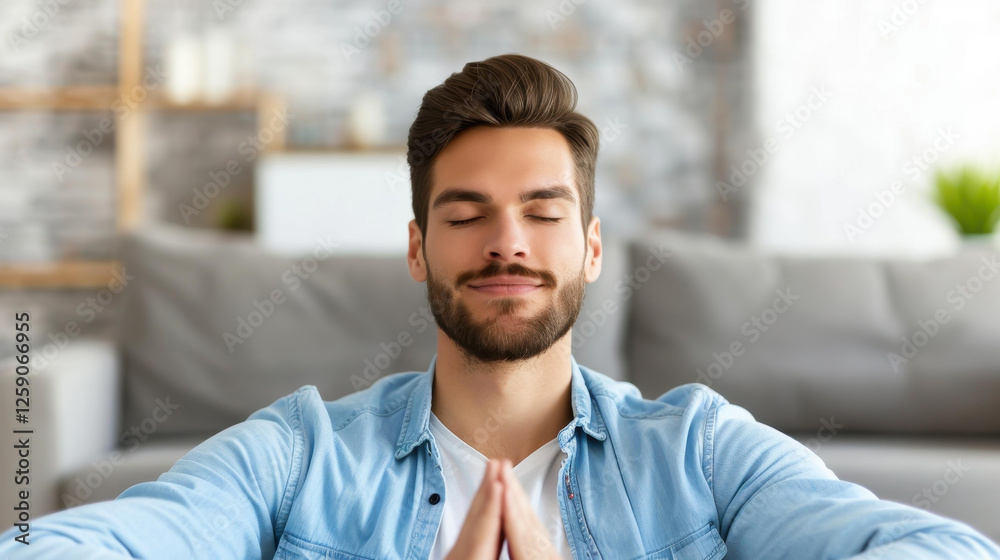 Obraz premium A joyful man engages in relaxation exercises in his bright, spacious flat, creating a serene atmosphere for mindfulness.