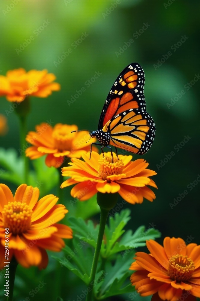 A monarch butterfly perched on a bright orange marigold flower in a lush garden setting, marigold, garden, vibrant A monarch butterfly perched on a bright orange marigold flower in a lush garden setting, marigold, garden, vibrant
