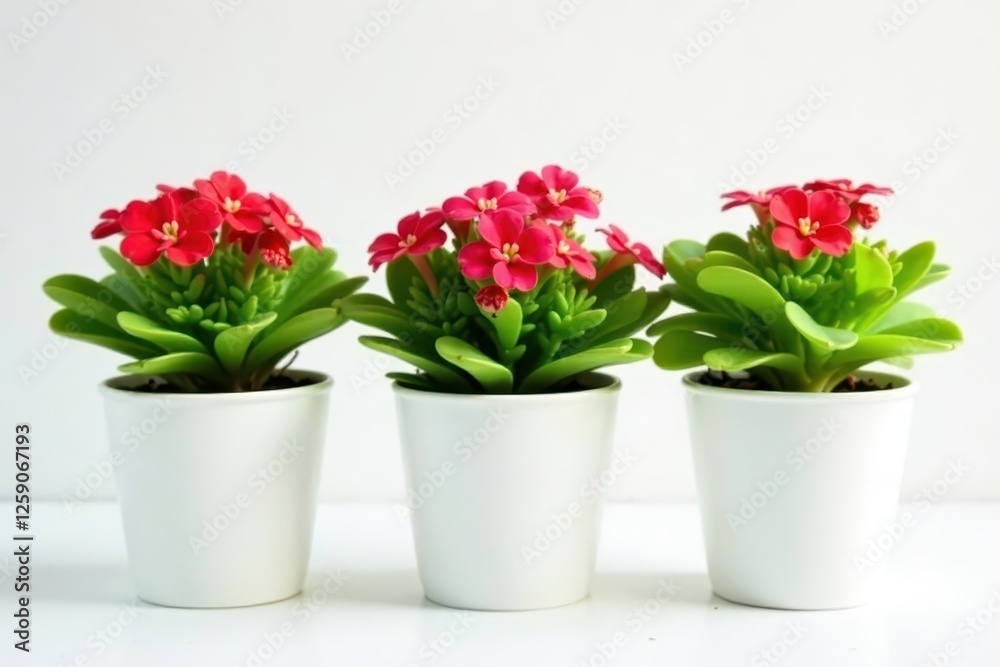Fototapeta premium Three small kalanchoe plants in white pots against a white backdrop , plant photography, macro photography