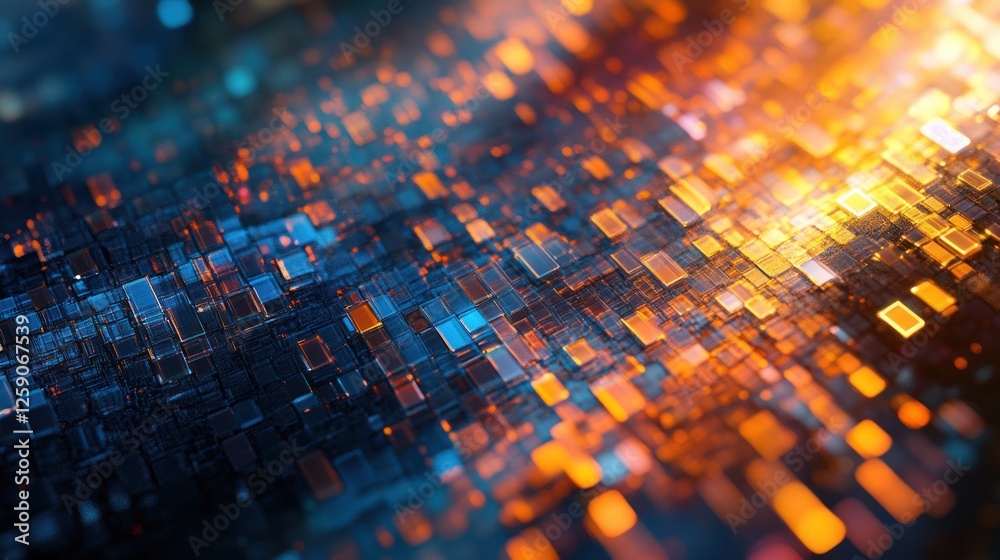 Obraz premium Abstract digital data flow, glowing orange and blue blocks.