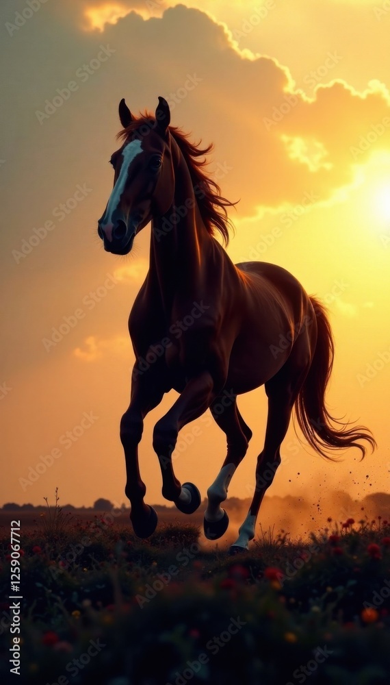 A running horse's dark outline against a bright sky with subtle gradient effect, horse, landscape, outdoors A running horse's dark outline against a bright sky with subtle gradient effect, horse, landscape, outdoors