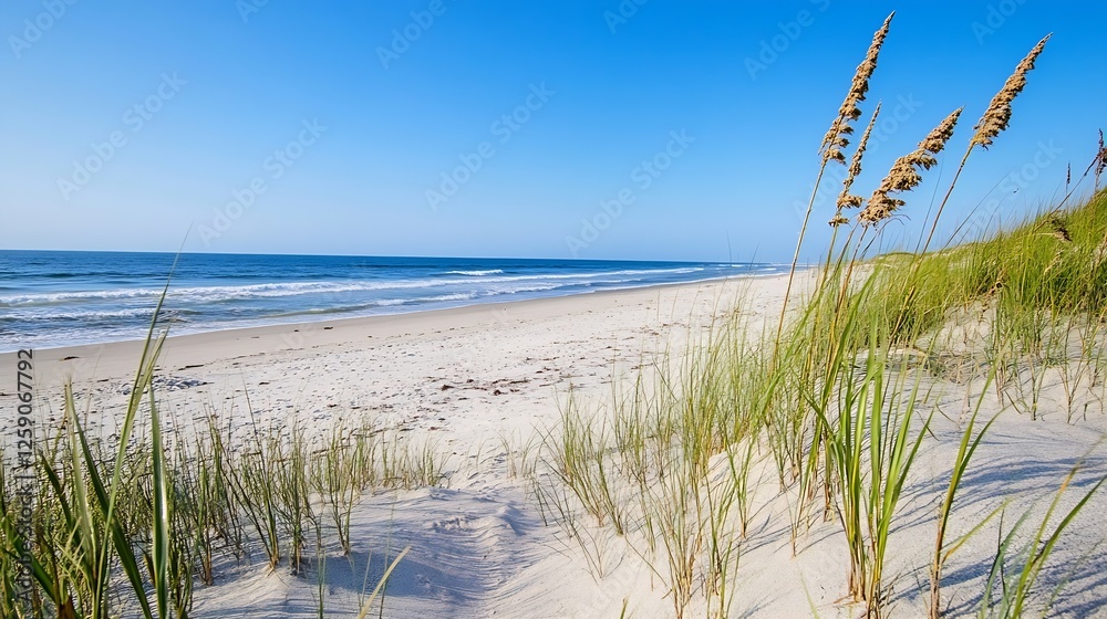 Sunny beach scene with sea oats swaying in the breeze capturing a peaceful coastal getaway : Generative AI