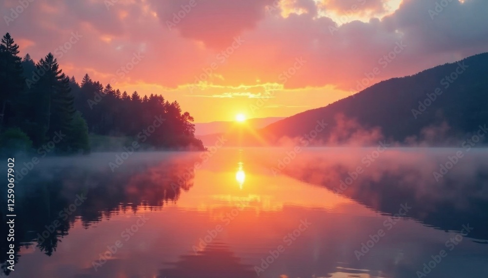 Fototapeta premium A serene lake at sunrise with mist rising from the water, peaceful, sunrise