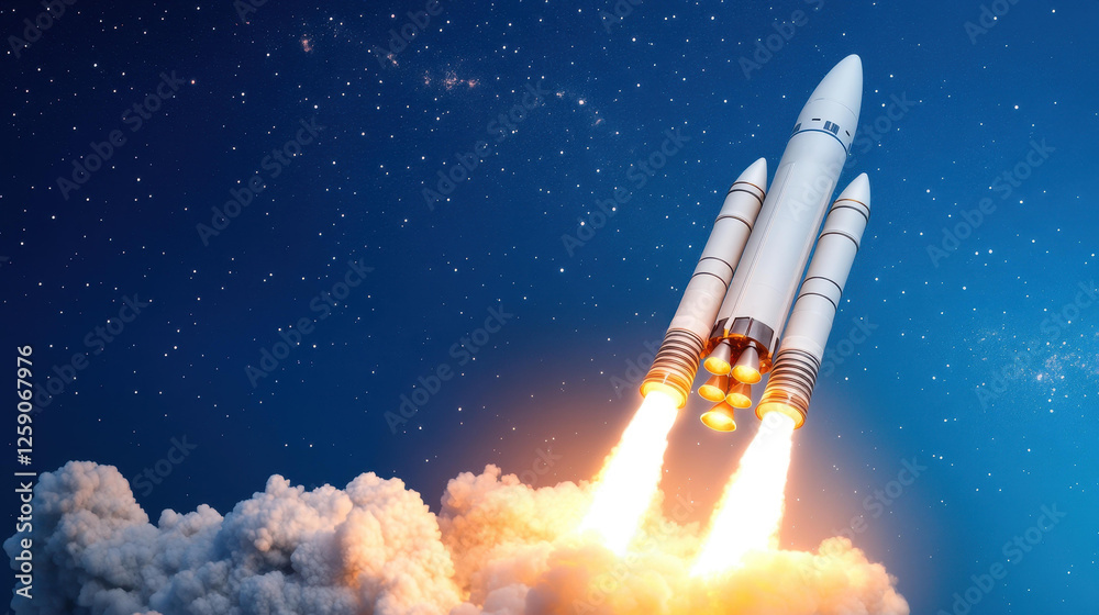 Fototapeta premium Witness the fiery takeoff of a sleek European launch vehicle against a stunning sunset, showcasing our leap into space in 22.