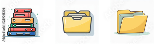 Colorful stack of books and yellow folder icons. Books are piled, folders represent file organization for documents and data.