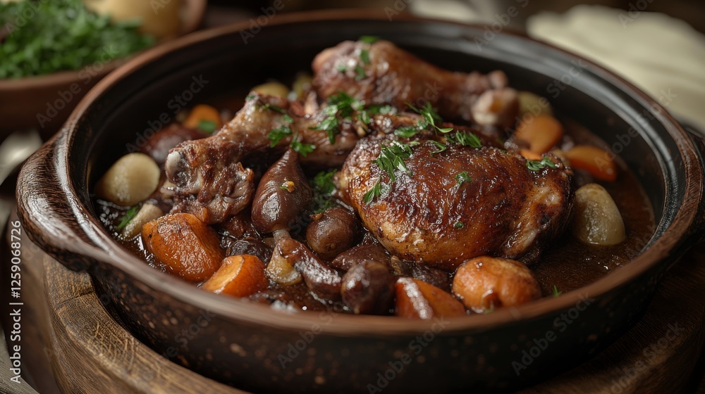 Traditional French coq au vin with vegetables. Featuring a rich and savory dish. Highlighting the texture and flavors of the coq au vin. Ideal for food and cultural themes. Traditional French coq au vin with vegetables. Featuring a rich and savory dish. Highlighting the texture and flavors of the coq au vin. Ideal for food and cultural themes.