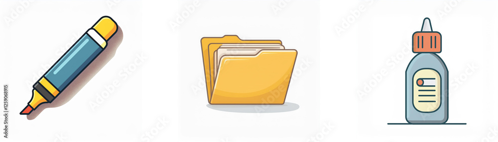 A yellow marker, a file folder and a glue bottle are presented as icons in an image, all against a clean white backdrop. A yellow marker, a file folder and a glue bottle are presented as icons in an image, all against a clean white backdrop.
