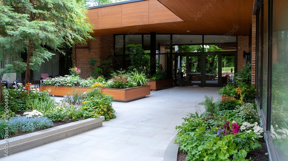 Fototapeta premium Modern Outdoor Entrance with Lush Greenery and Floral Arrangements : Generative AI