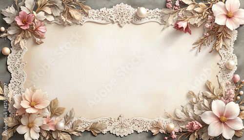 Floral decorative frame with vintage lace and soft colors