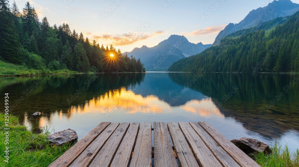 Calm lake at sunset, wooden pier, mountain range, peaceful scene, nature background, tranquil view, perfect for wallpaper or screensaver Calm lake at sunset, wooden pier, mountain range, peaceful scene, nature background, tranquil view, perfect for wallpaper or screensaver