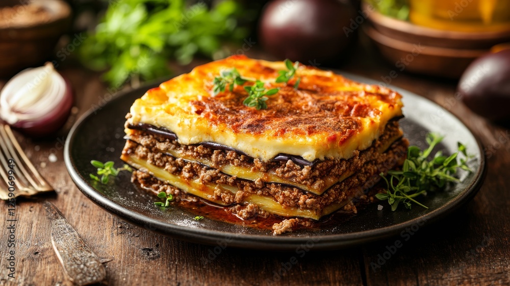 Traditional Greek moussaka with layers of eggplant and ground beef. Featuring a rich and savory dish. Highlighting the texture and flavors of the moussaka. Ideal for food and cultural themes. Traditional Greek moussaka with layers of eggplant and ground beef. Featuring a rich and savory dish. Highlighting the texture and flavors of the moussaka. Ideal for food and cultural themes.