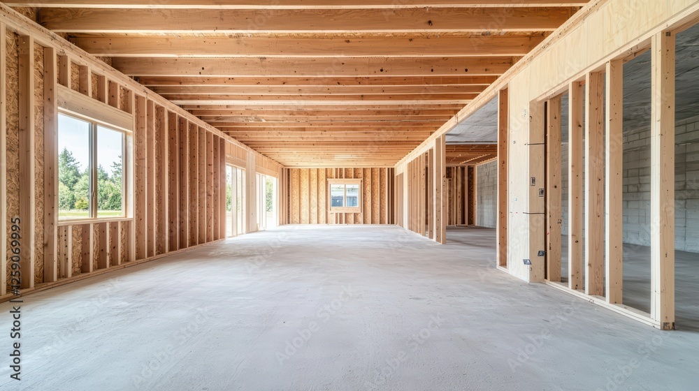 Open Interior Space with Wooden Framing and Concrete Floor Open Interior Space with Wooden Framing and Concrete Floor
