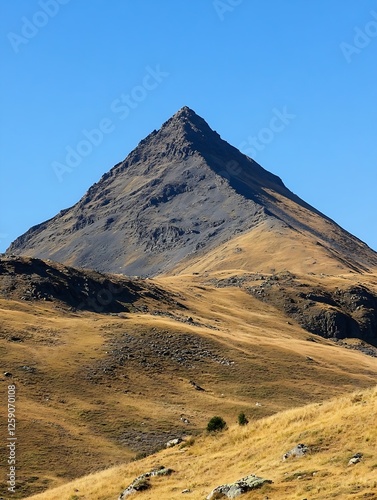 Majestic Pyramid Shaped Mountain under Clear Blue Skies in Natural Landscape : Generative AI