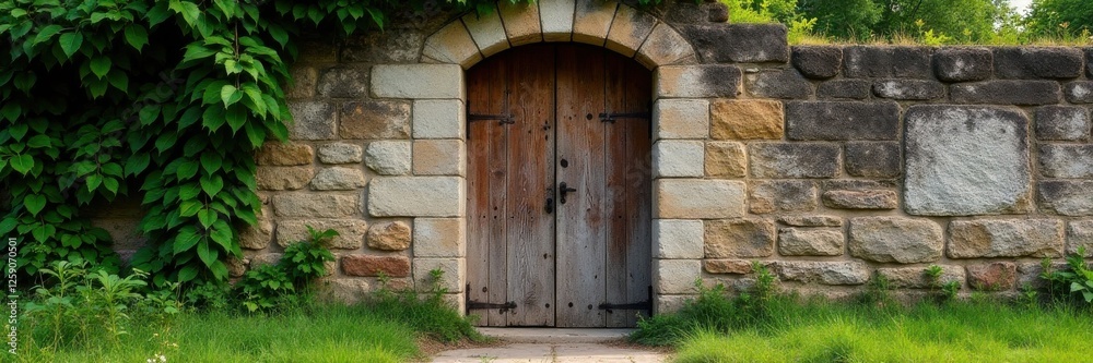 An old, weathered wooden door set against a rustic stone wall with overgrown vines , vines, stone wall An old, weathered wooden door set against a rustic stone wall with overgrown vines , vines, stone wall