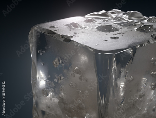 A close-up shot of a crystal-clear ice cube with visible air bubbles, showing intricate details and sharp edges, captured in ultra-realistic clarity with cinematic lighting. photo