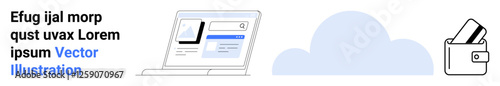 Laptop displaying document interface, cloud symbol, and wallet with paper card. Ideal for technology, business, digital tools, document management, cloud computing, online services and financial