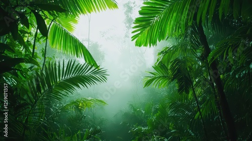 Lush Tropical Jungle with Dense Foliage and Mystical Fog Atmosphere