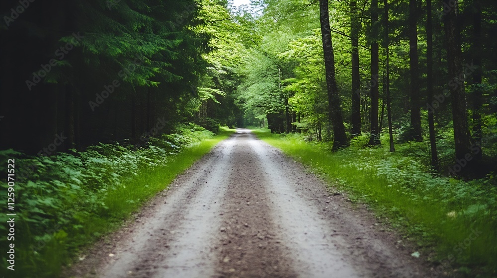 Fototapeta premium Serene dirt road surrounded by lush greenery illustrating peaceful outdoor escape and natural beauty in the forest : Generative AI