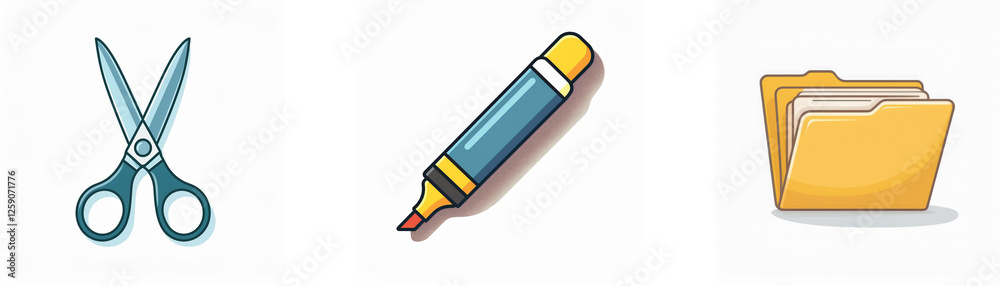 A group of icons features scissors for cutting, a marker for highlighting, and a folder for organizing files, representing essential office or school tools. A group of icons features scissors for cutting, a marker for highlighting, and a folder for organizing files, representing essential office or school tools.