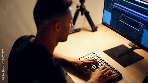A content creator seated at a desk, thoughtfully editing a video on their computer. 